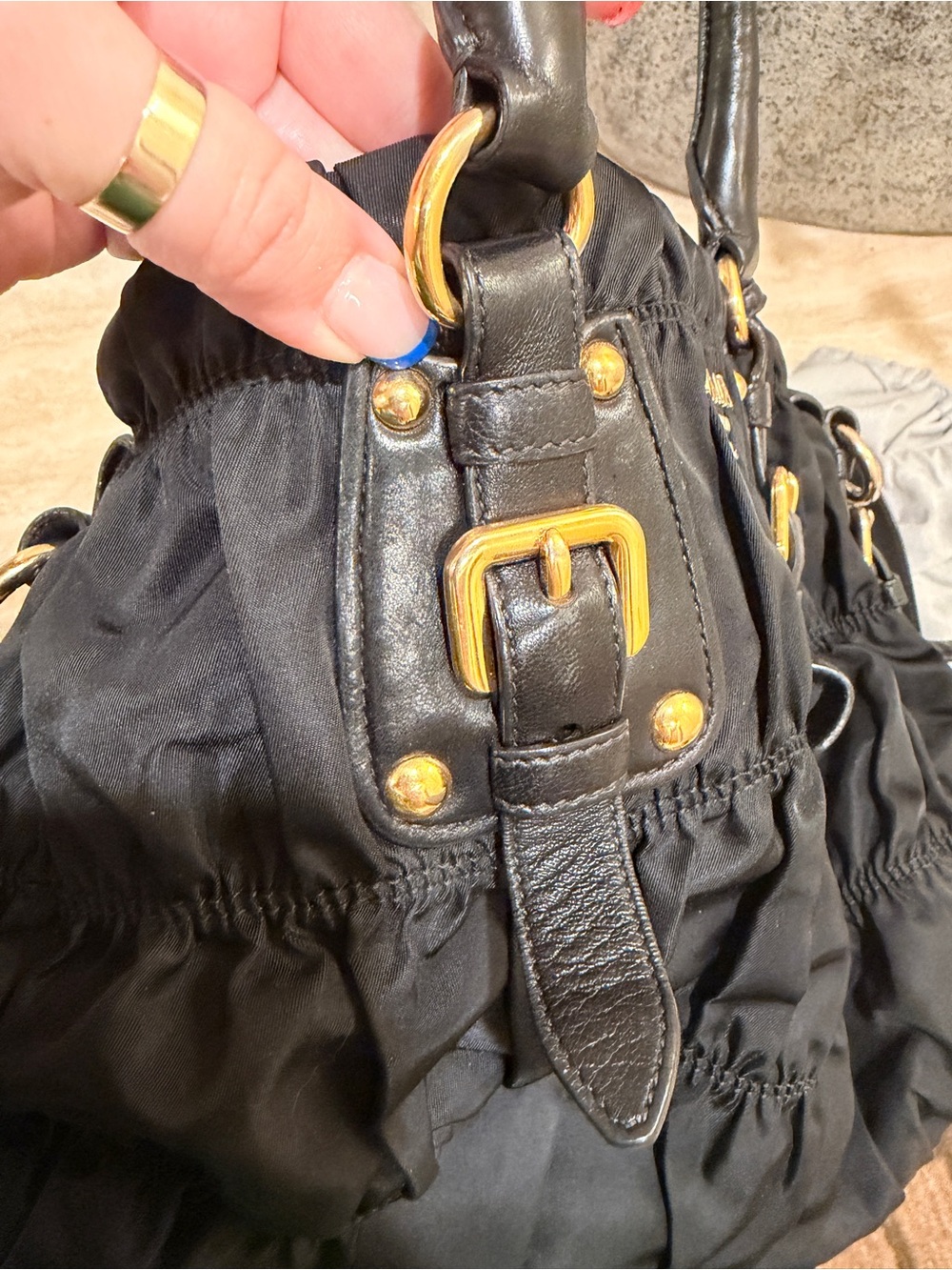 AUTHENTIC Prada Tessuto Black Nylon Ruched Shoulder Bag with Gold Hardware - Picture 13 of 16